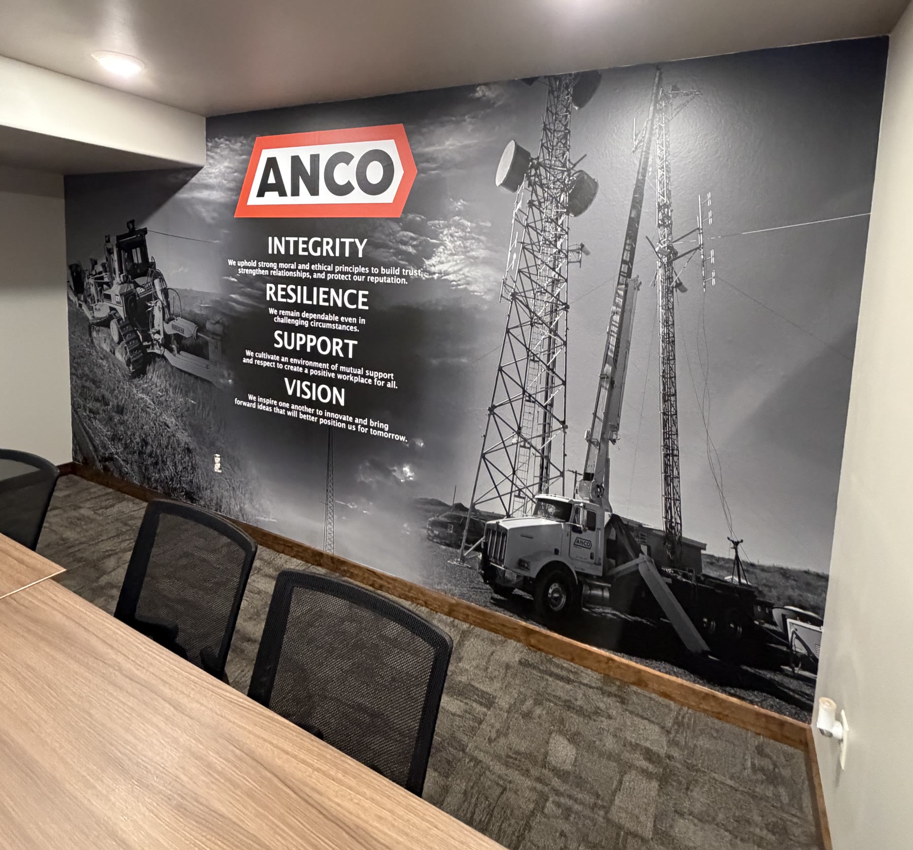 ANCO branded wall mural in a conference room